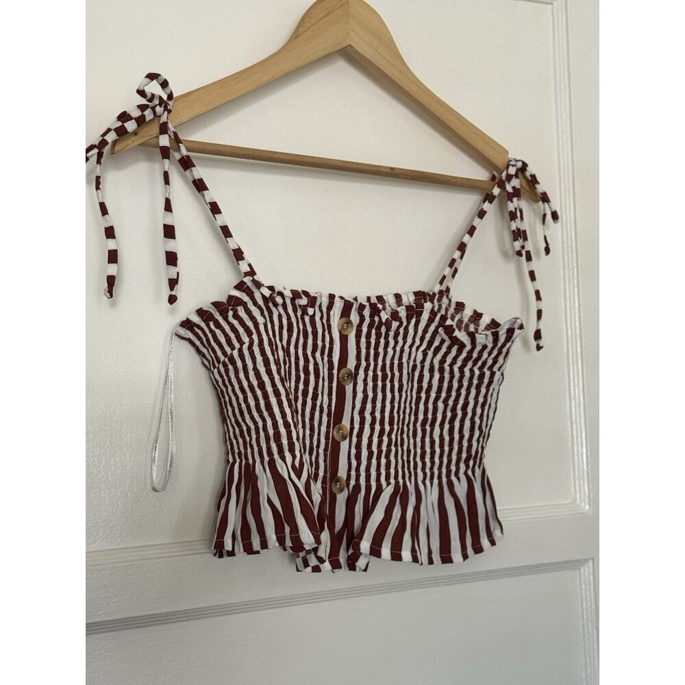 NWT Faithful‎ the Brand Top Maroon White Striped Estoril Smocked Crop Top Sz S